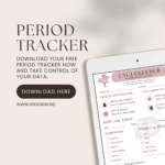 Period Tracker product mockup showing CycleKeeper printable form on tablet screen with sections for tracking menstrual phases, symptoms, mood, and hydration. Text reads "Download your free period tracker now and take control of your data" with download button and bydesign.ng website.